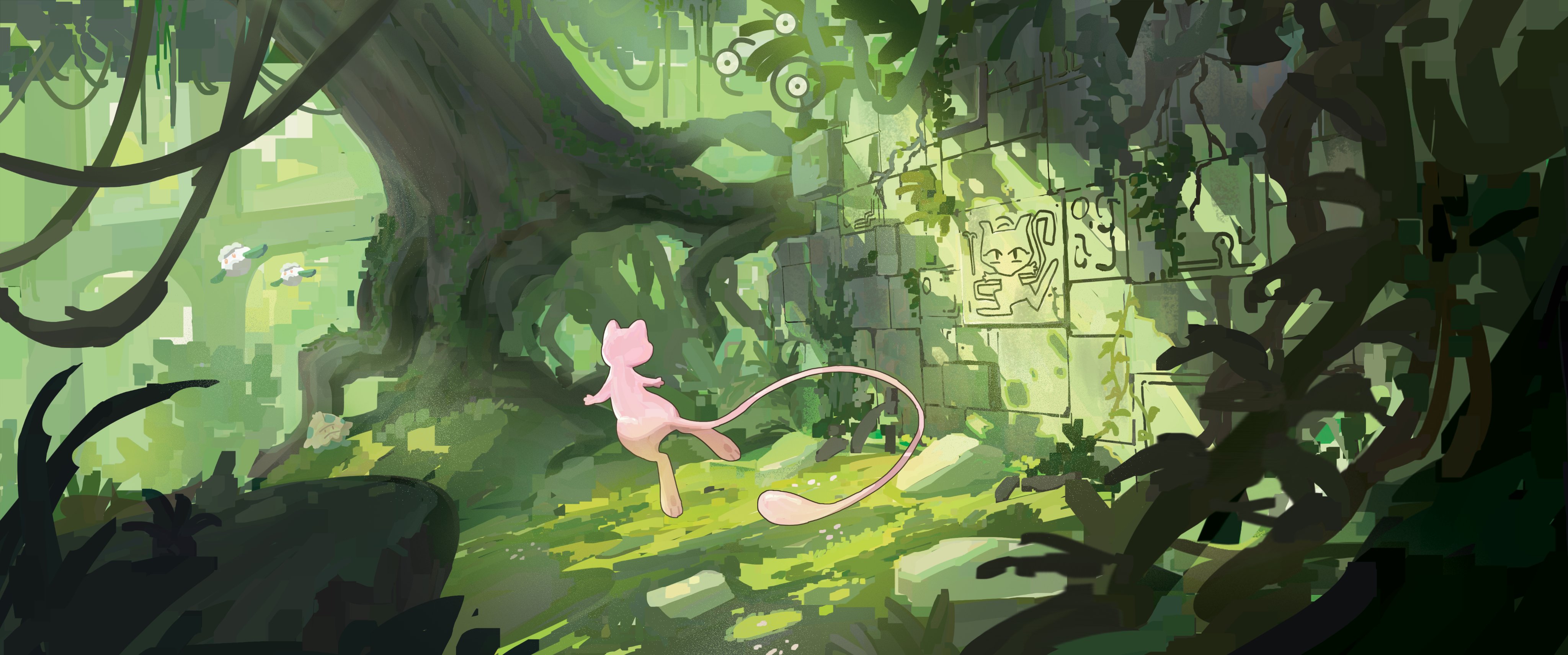 A pink character running through a green forest