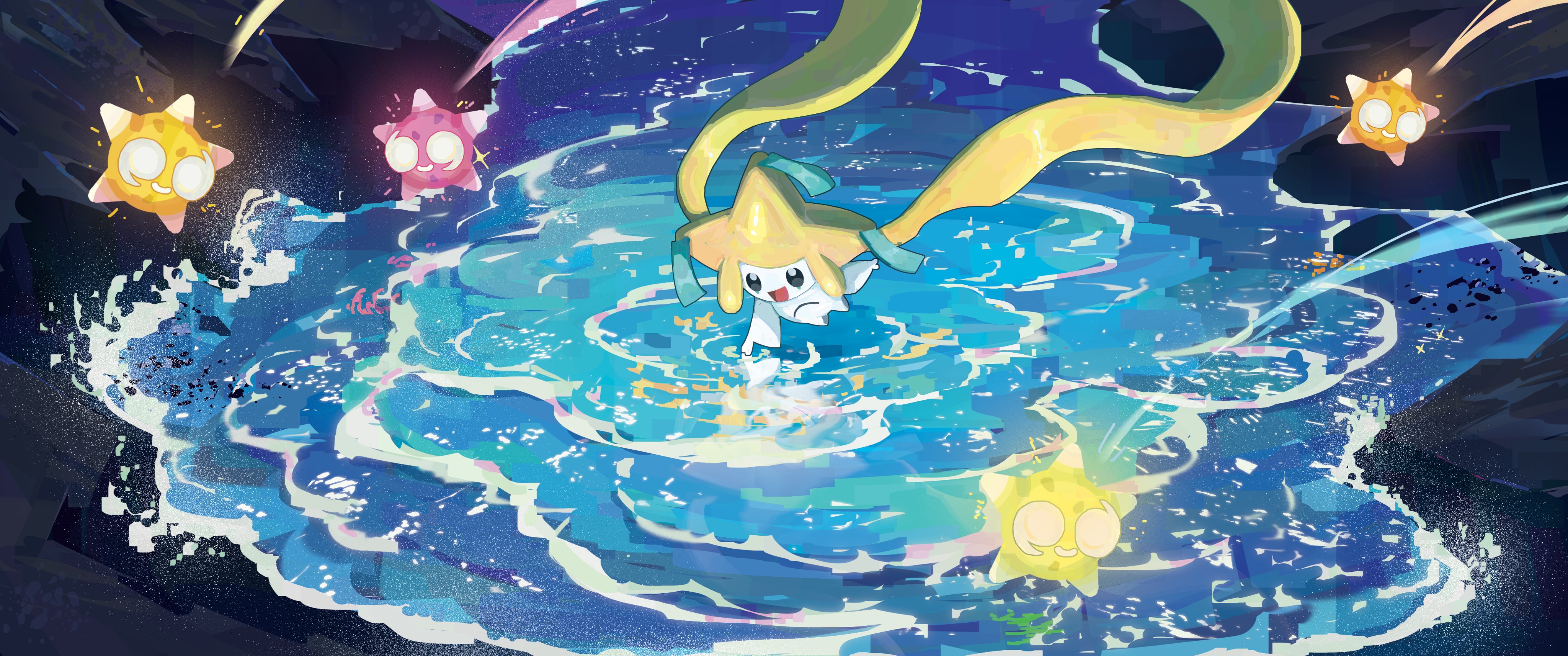 A small character floating in a bright blue pool
